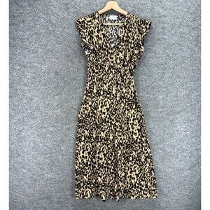 Sienna Sky Dress Women L Large Beige Animal Print Maxi Long V-Neck Short Sleeve